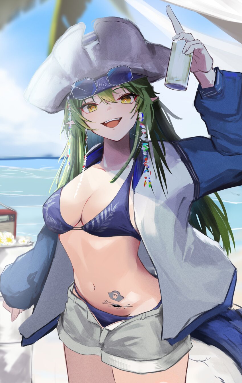 1girl absurdres arknights arm_up beach bikini blue-tinted_eyewear blue_bikini blue_jacket blue_sky breasts can cleavage cloud commentary crocodilian_tail eyewear_on_head gavial_(arknights) gavial_the_invincible_(arknights) gavial_the_invincible_(holiday)_(arknights) green_hair grey_shorts hat highres holding holding_can jacket long_hair looking_at_viewer material_growth medium_breasts multicolored_jacket nekomatamago ocean official_alternate_costume open_mouth oripathy_lesion_(arknights) pirate_hat pointy_ears shorts sky smile solo stomach_tattoo swimsuit tail tattoo tinted_eyewear two-tone_jacket white_hat white_jacket yellow_eyes