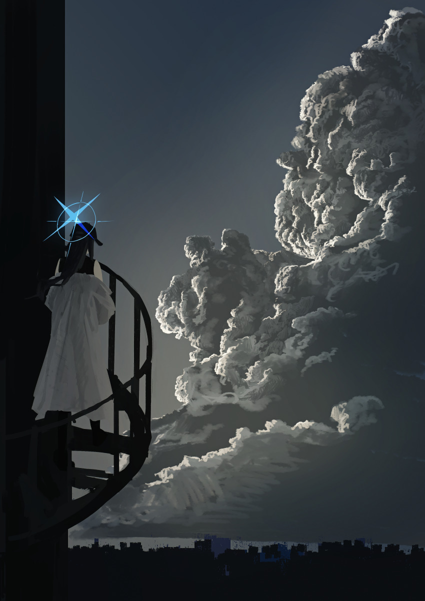 1girl absurdres baseball_cap blue_archive blue_halo cityscape climbing_ladder cloud coat commentary_request cumulonimbus_cloud facing_away halo hat highres kani_etizen03 saori_(blue_archive) scenery sky skyline spiral_staircase stairs white_coat