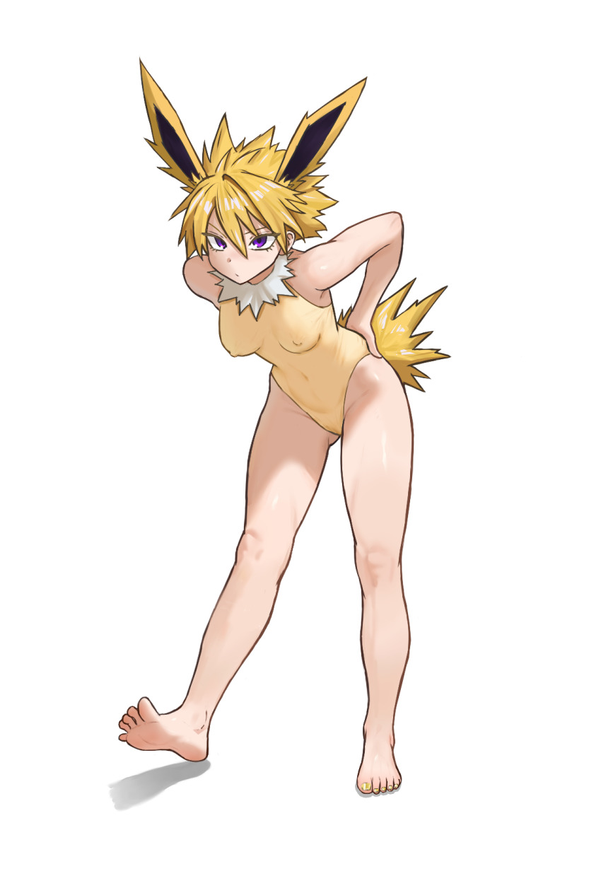 1girl animal_ears bare_legs barefoot blonde_hair breasts closed_mouth commentary_request covered_erect_nipples eyelashes feet full_body gen_1_pokemon hair_between_eyes hand_on_own_hip highres jolteon knees leaning_forward leotard nihu nintendo personification pokemon purple_eyes solo spiked_hair standing tail toes white_background yellow_leotard
