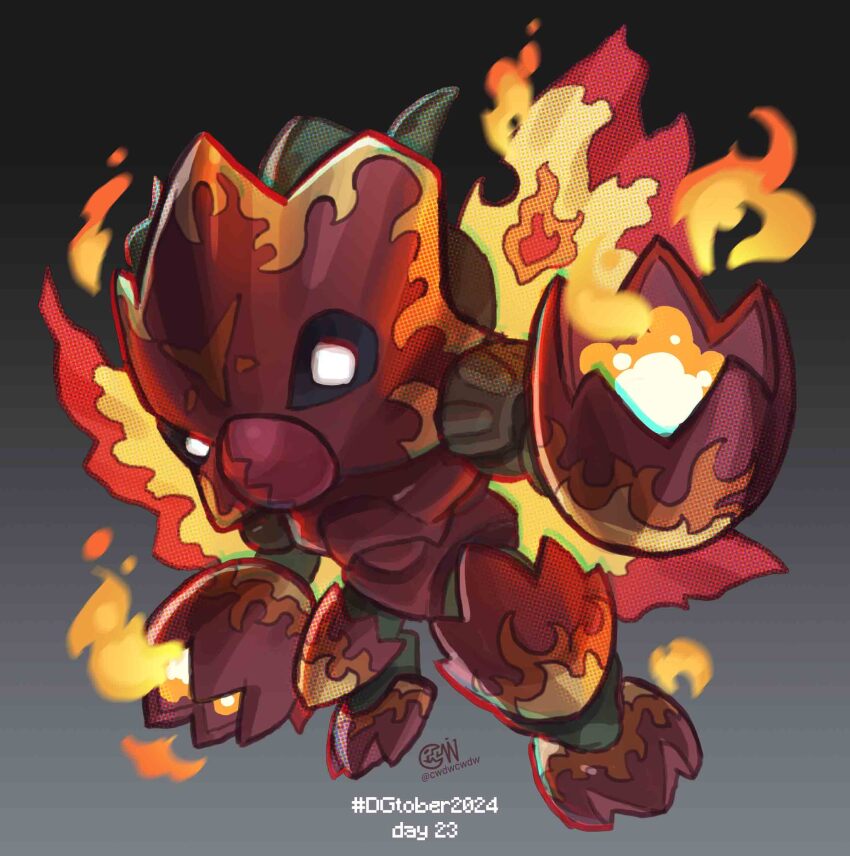 absurdres arm_cannon armor artist_logo artist_name bug chibi cwdw digimon digimon_(creature) fire grey_background highres logo red_armor shadramon simple_background solo twitter_username weapon