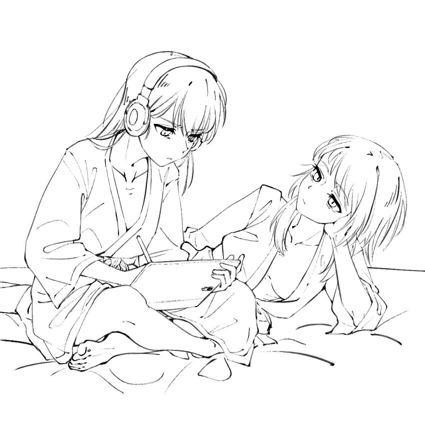 2girls bang_dream! bang_dream!_it&#039;s_mygo!!!!! barefoot bathrobe breasts collarbone commentary_request doki_(oox3o) greyscale head_rest headphones highres holding holding_stylus holding_tablet_pc long_hair lying medium_breasts medium_hair monochrome multiple_girls no_bra on_side shiina_taki sitting stylus tablet_pc yahata_umiri