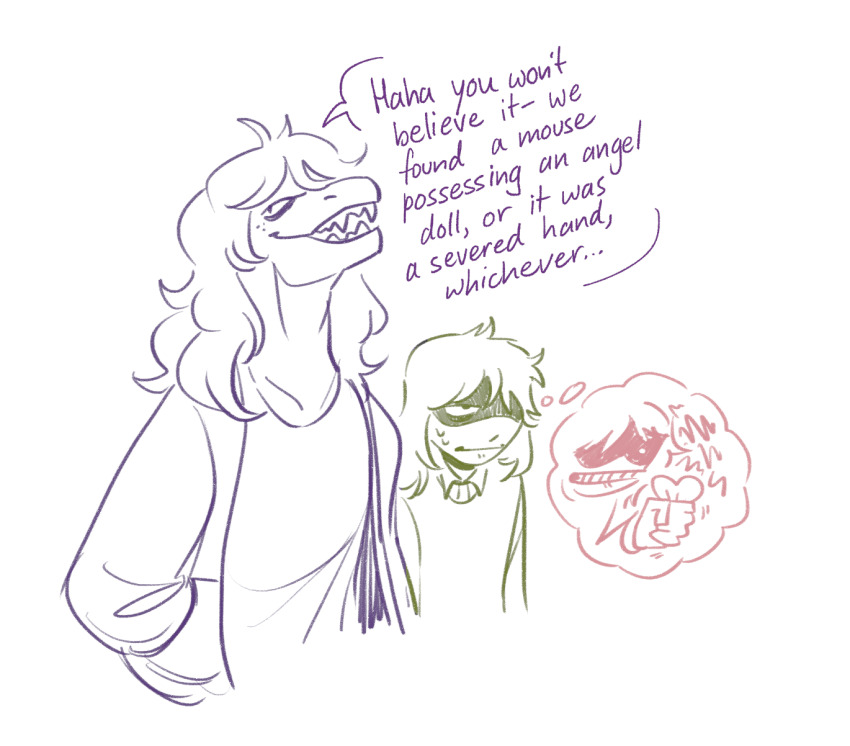 1girl 1other angry annoyed bright-goat clenched_hand clenched_teeth collared_shirt deltarune freckles height_difference highres imagining jacket kris_(deltarune) long_hair messy_hair open_clothes open_jacket reptile_girl shaded_face sharp_teeth shirt sketch soul_(deltarune) speech_bubble squeezing susie_(deltarune) sweatdrop sweater teeth thought_bubble wavy_hair