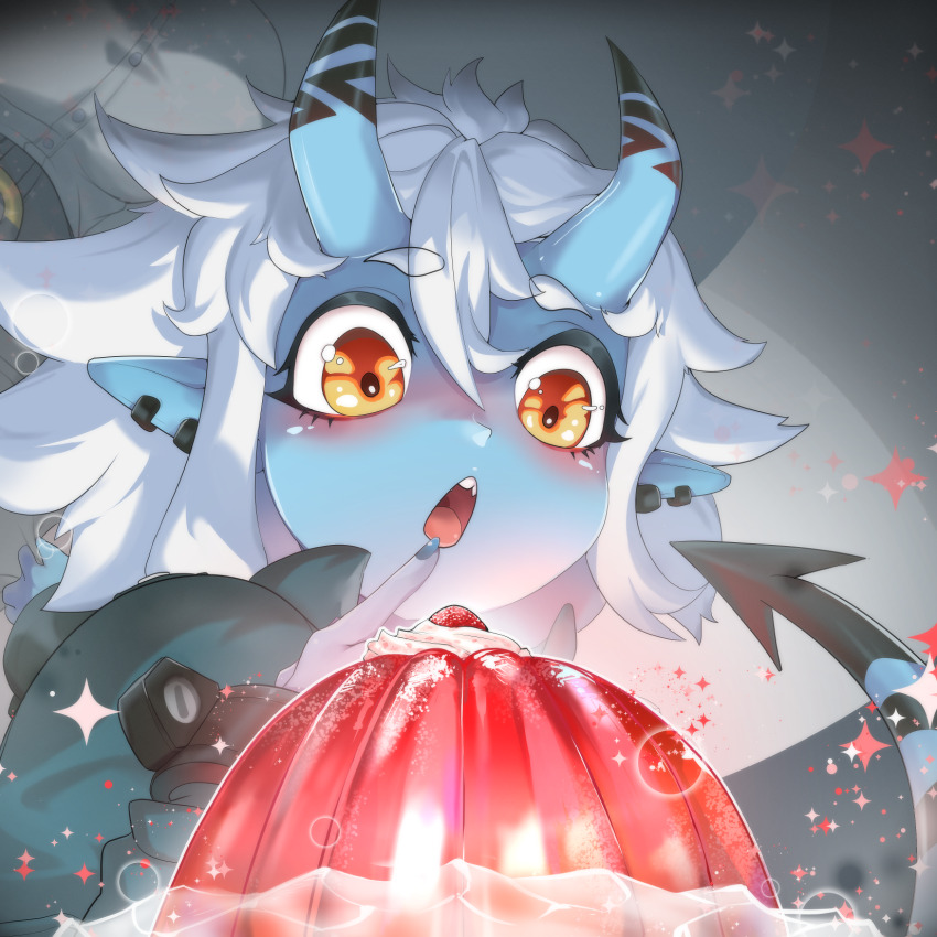 2girls awestruck blue_skin colored_skin demon_tail food food_focus harbang highres horns looking_at_food multiple_girls oni orange_eyes pointy_ears pudding solo_focus soukaku_(zenless_zone_zero) spiked_hair tail tsukishiro_yanagi white_hair zenless_zone_zero