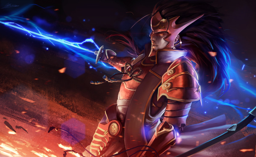 1boy adrien_cams armor aura brown_eyes brown_hair coat collar dou electricity embers field fire fire_emblem fire_emblem_fates glowing japanese_armor lips long_coat long_hair male_focus mask nintendo raijinto_(fire_emblem) realistic red_armor ryoma_(fire_emblem) samurai serious sheath shoulder_armor solo spiked_hair sword very_long_hair weapon white_coat