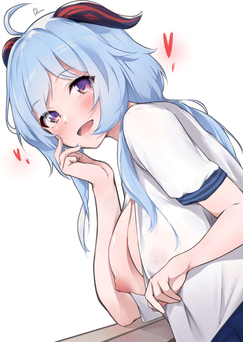 1girl ahoge blue_hair breasts bush dermar flashing ganyu_(genshin_impact) genshin_impact heart highres horns large_breasts long_hair looking_at_viewer nipples one_breast_out open_clothes open_mouth open_shirt oppai_challenge purple_eyes shirt short_sleeves sidelocks signature simple_background smile solo uniform white_background white_shirt