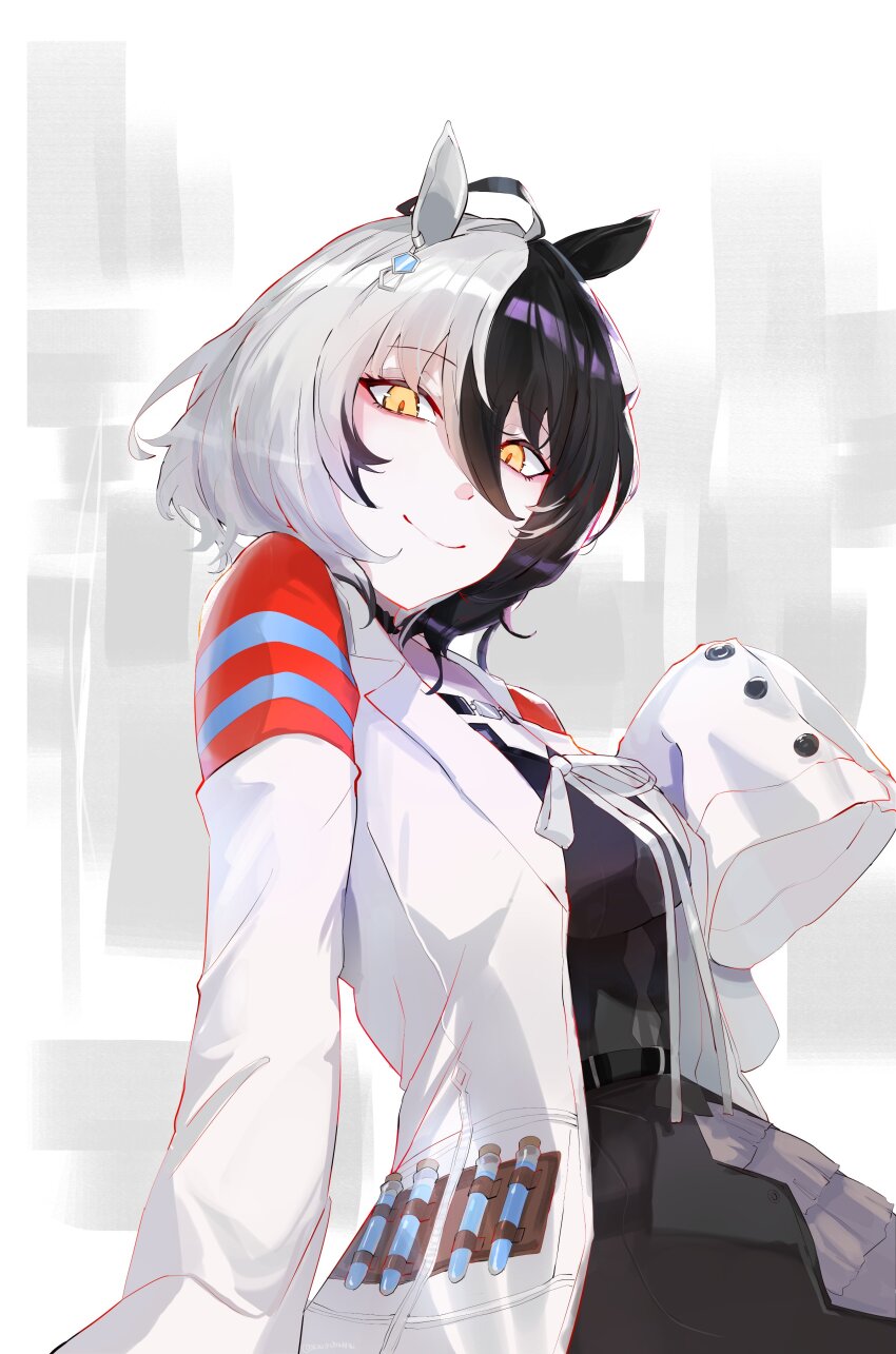 1girl absurdres agnes_tachyon_(umamusume) agnes_tachyon_(umamusume)_(cosplay) ahoge alternate_costume animal_ears black_choker black_dress breasts brown_hair chest_belt choker cleavage cosplay dress earrings grey_hair hair_between_eyes highres hololive hololive_english horse_ears horse_girl jewelry kurochanai lab_coat laboratory lace lace-trimmed_choker lace_choker lace_trim large_breasts long_hair long_sleeves looking_at_viewer medium_hair multicolored_hair shiori_novella single_earring sleeves_past_wrists smile solo test_tube two-tone_hair umamusume virtual_youtuber yellow_eyes