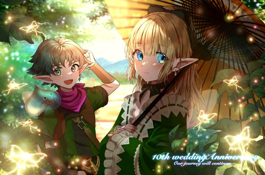 1boy 1girl 1other :d alt_text anniversary aqua_eyes arm_guards black_bow blonde_hair blue_eyes blunt_bangs blurry blurry_background bow bow_choker brown_vest bug butterfly choker colored_skin commentary_request couple dragon_quest dragon_quest_x earrings elf_(dq10) english_text fairy_wings frilled_shirt frills gift_art glowing_butterfly green_eyes green_hair green_shirt hetero highres holding holding_umbrella insect jewelry leaf light_particles long_hair looking_at_viewer mountainous_horizon multicolored_eyes neckerchief nikon_(user_aznh7528) oil-paper_umbrella open_mouth outdoors pink_neckerchief pink_skin pointy_ears shirt short_hair slime_(dragon_quest) smile umbrella v-neck vest white_trim wide_sleeves wings