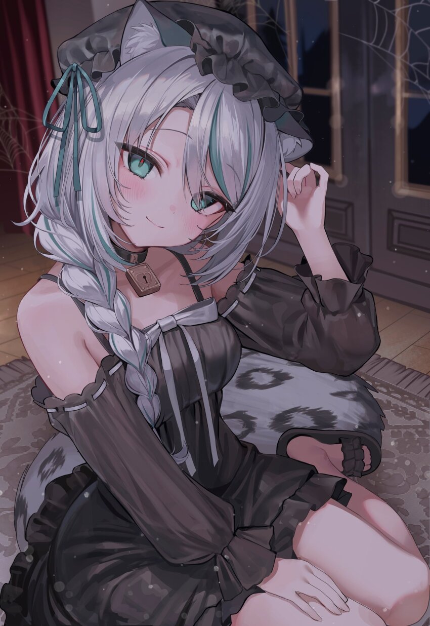 1girl adjusting_hair bare_shoulders black_choker black_nightgown black_sandals choker green_eyes green_streaks grey_hair hand_on_lap hat highres hinamori_anthea indie_virtual_youtuber indoors iruka3 lace-trimmed_nightgown light_blush long_hair looking_at_viewer low-braided_long_hair low-tied_long_hair multicolored_hair night nightcap nightgown off-shoulder_pajamas on_floor padlocked_choker parted_bangs red_pupils rug sandals sidelocks silk sitting smile snow_leopard_ears snow_leopard_girl snow_leopard_tail solo spider_web streaked_hair virtual_youtuber