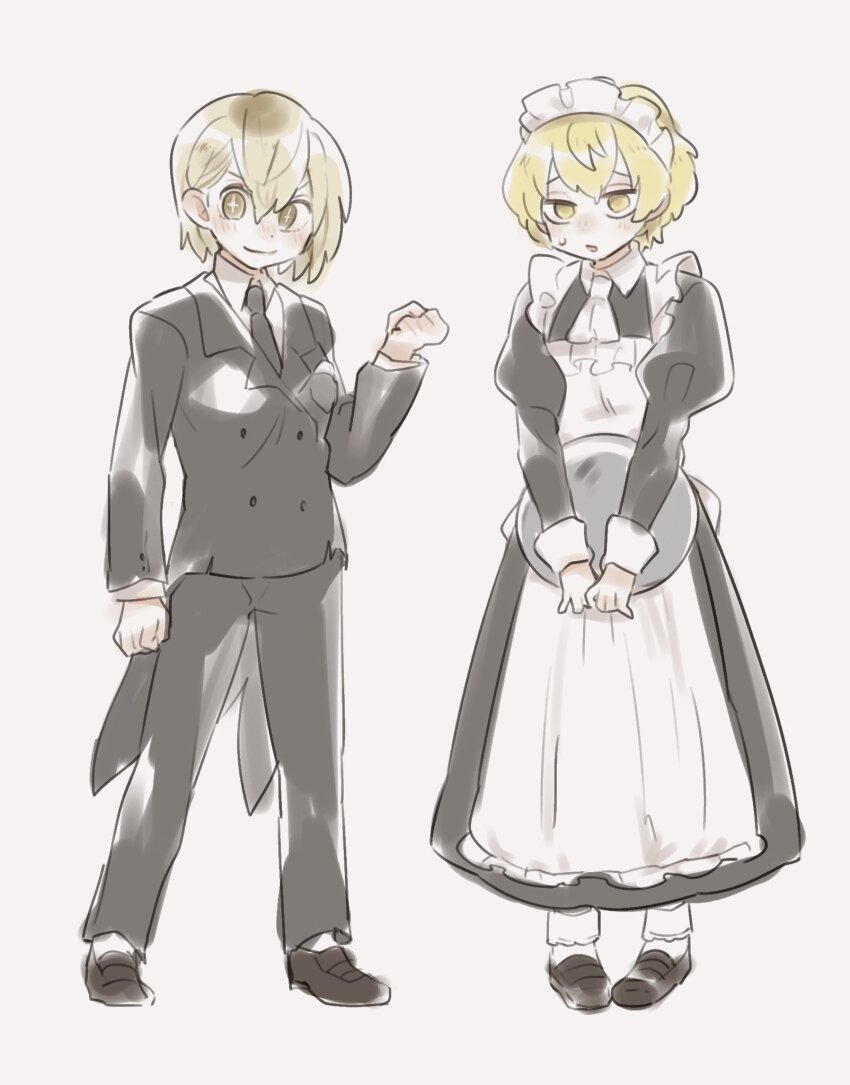 1boy 1girl alternate_costume apron ascot black_dress black_necktie black_pants black_suit blonde_hair brown_shoes butler collared_dress collared_shirt crossdressing don_quixote_(project_moon) dress enmaided female_butler formal_clothes full_body highres holding holding_tray juliet_sleeves kojocho05 limbus_company long_sleeves looking_at_viewer maid maid_apron maid_headdress male_maid necktie pants project_moon puffy_sleeves shirt shoes short_hair simple_background sinclair_(project_moon) standing suit tailcoat tray tuxedo white_apron white_ascot white_background white_shirt yellow_eyes