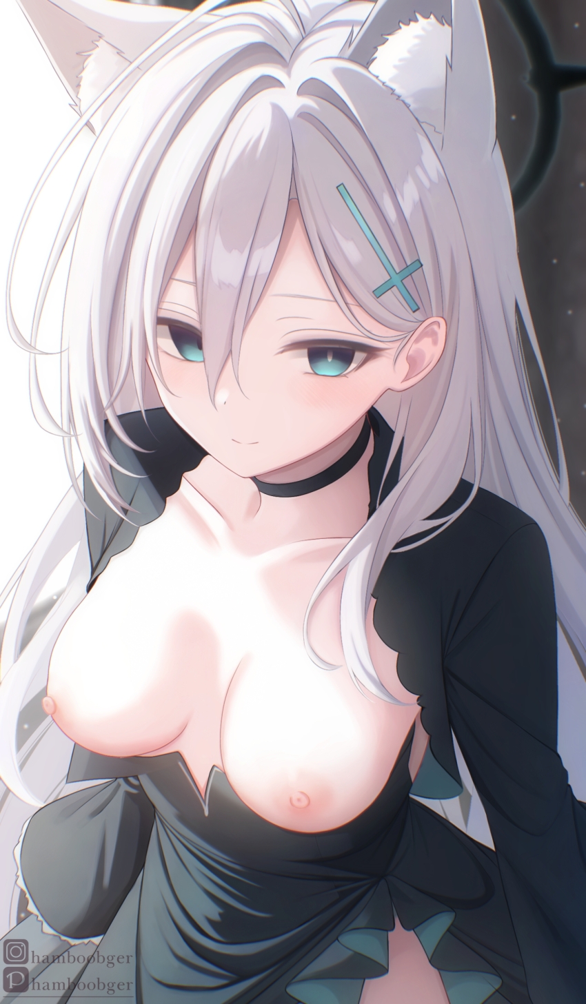 1girl absurdres ahoge animal_ears aqua_eyes black_choker black_dress black_jacket blue_archive breasts breasts_apart breasts_out choker collarbone commentary cropped_jacket cross_hair_ornament dress english_commentary extra_ears hair_ornament hamboobger highres instagram_username jacket long_hair looking_at_viewer medium_breasts mismatched_pupils nipples pixiv_username shiroko_(blue_archive) shiroko_terror_(blue_archive) solo straight_hair very_long_hair white_hair wolf_ears