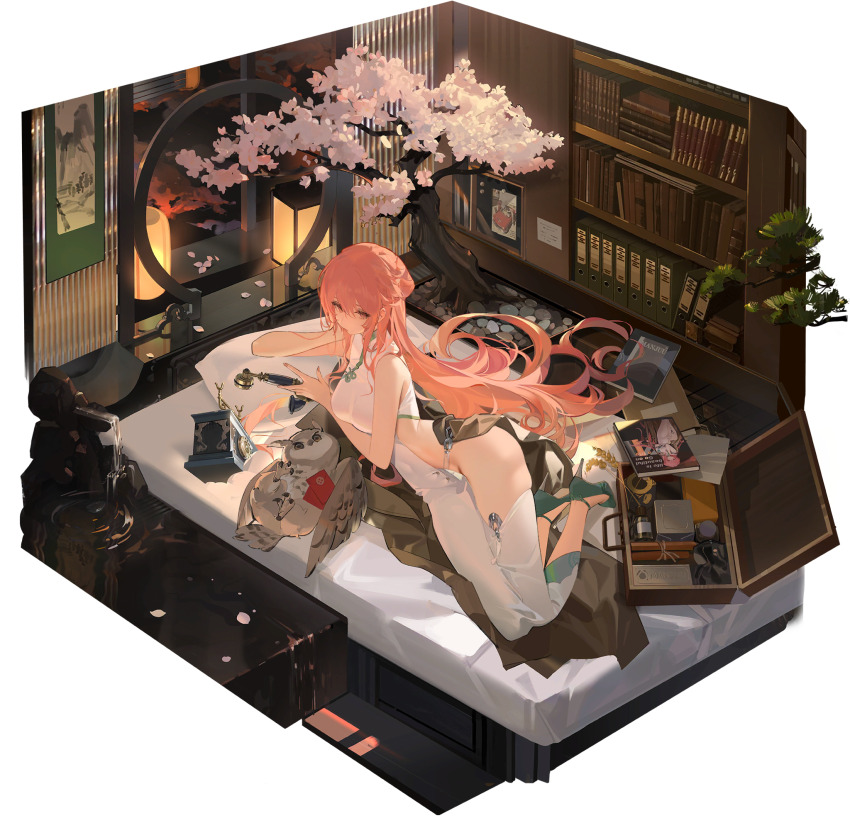 1girl animal antique_phone arm_support azur_lane bird bonsai book bookshelf bottle braid breasts brown_eyes brown_jacket cherry_blossoms china_dress chinese_clothes covered_navel dress fountain from_above green_footwear hair_between_eyes hair_spread_out hand_on_own_cheek hand_on_own_face high_heels highres holding holding_phone hongbao indoors jacket kincora lantern large_breasts long_hair lying official_art on_bed on_side owl perseus_(azur_lane) perseus_(spring_lackadaisical_leisure)_(azur_lane) phone photo_(object) pink_hair plant pumps rotary_phone shoes stiletto_heels strap suitcase very_long_hair water white_dress