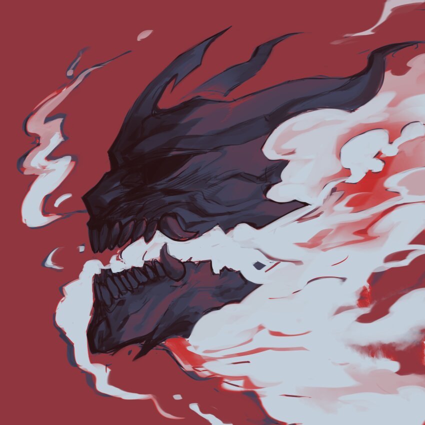 1other absurdres empty_eyes from_side highres horns logicsterrr mask official_alternate_costume open_mouth portrait red_background serious shadow_slave sharp_teeth simple_background smoke solo sunny_(shadow_slave) teeth