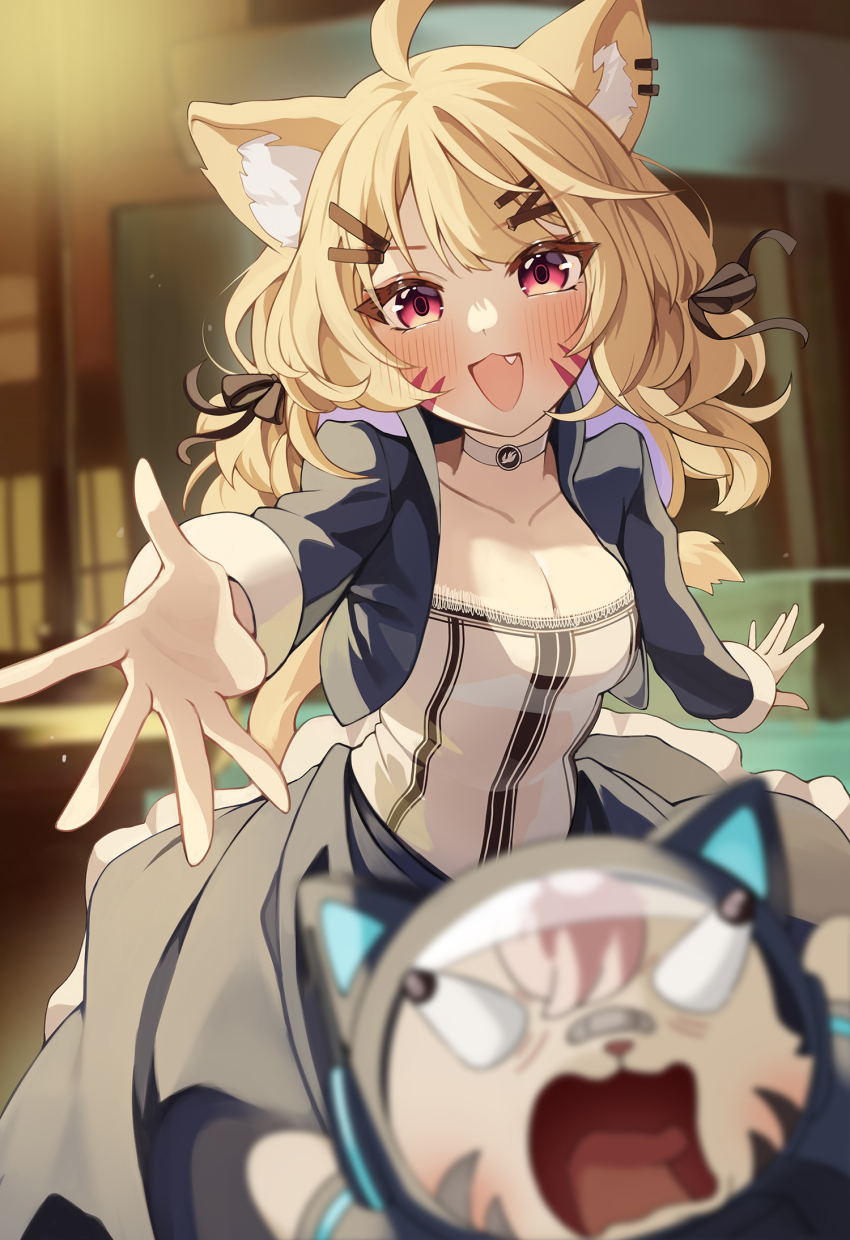 1girl ahoge animal_ear_fluff animal_ears bioshock bioshock_(series) bioshock_infinite blonde_hair blue_jacket blurry blurry_foreground blush breasts cat_ears cat_girl cat_tail choker cleavage colored_inner_hair commentary cosplay cropped_jacket dress elizabeth_(bioshock_infinite) elizabeth_(bioshock_infinite)_(cosplay) english_commentary facial_mark fang gya_(144) highres indie_virtual_youtuber jacket long_hair long_sleeves looking_at_viewer medium_breasts multicolored_hair open_clothes open_jacket open_mouth pokatto_(squchan) purple_hair red_eyes second-party_source shyrei_faolan tail throwing throwing_person two-tone_hair virtual_youtuber whisker_markings