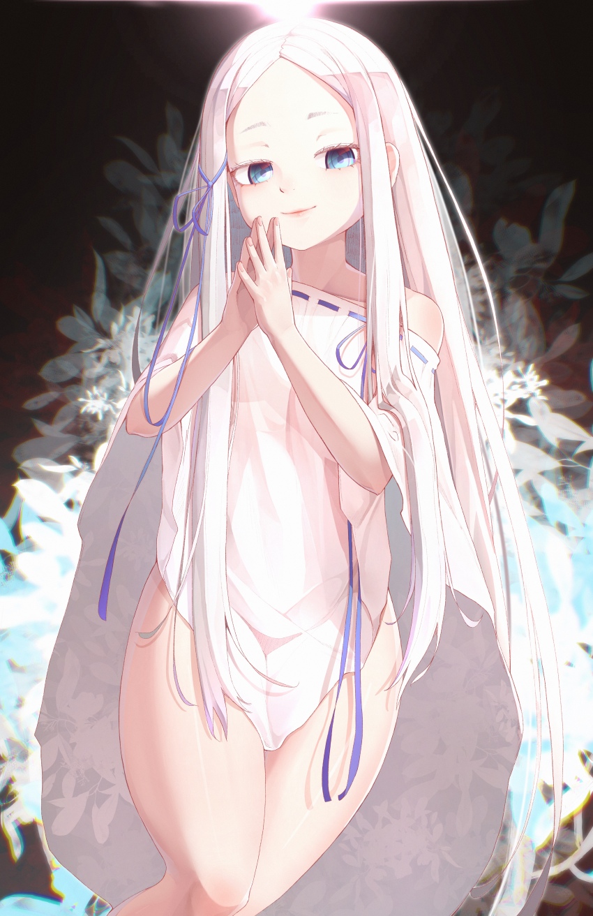 1girl absurdres blue_bow blue_eyes bow dress flower ha_kang highres lips long_hair pandora_(re:zero) re:zero_kara_hajimeru_isekai_seikatsu solo white_dress white_hair