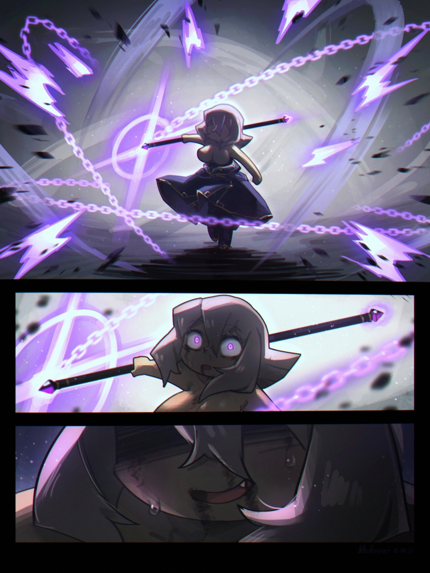 1girl absurdres blood blood_from_mouth chain fang flail_witch_(porforever) grey_hair highres holding holding_flail holding_weapon open_mouth original porforever purple_eyes solo sweatdrop topless_female weapon