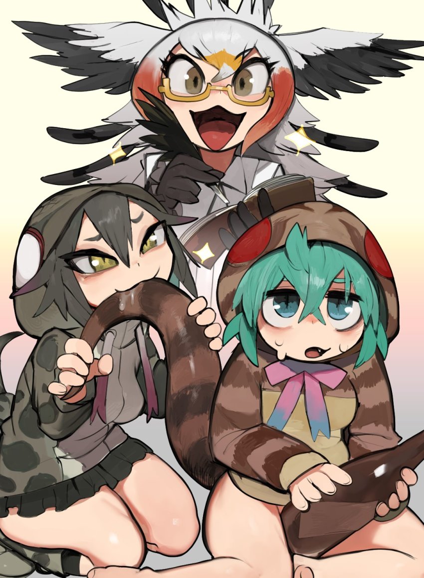 3girls aqua_eyes bare_legs behind_another bird_wings biting black_hair bottle bottomless brown_eyes cardigan drawstring feathers furrowed_brow gloves grabbing gradient_background gradient_ribbon green_hair grey_hair hair_between_eyes head_wings highres holding holding_feather holding_notebook hood hood_up hooded_cardigan hoodie jacket kemono_friends long_hair long_sleeves looking_at_another looking_at_viewer looking_up microskirt multicolored_hair multiple_girls notebook okinawa_habu_(kemono_friends) orange_hair raichiyo red_hair ribbon saliva secretarybird_(kemono_friends) sitting skirt slit_pupils smile snake_tail striped_clothes striped_hoodie striped_tail sweat tail tail_garter tsuchinoko_(kemono_friends) wings yellow_eyes