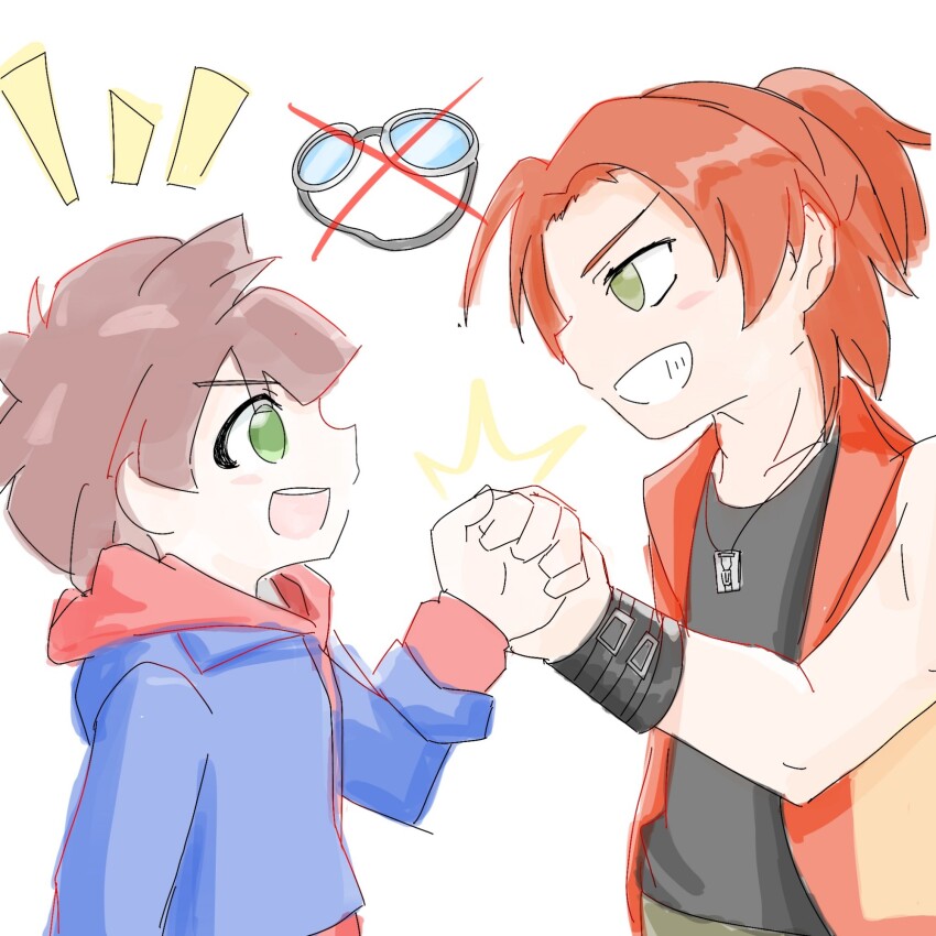 2boys amanokawa_hiro belt blush brown_hair cottoncollie daimon_masaru_(digimon_savers) digimon digimon_ghost_game digimon_savers goggles highres jacket looking_at_another multiple_boys simple_background smile white_background