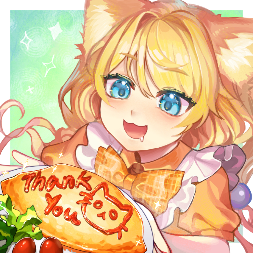 1girl :3 animal_ears blonde_hair blue_eyes bow bowtie cat_ears cat_girl cherry_tomato commentary_request drooling food hair_bobbles hair_ornament highres holding holding_plate lomelody1 long_hair omelet omurice open_mouth original plaid_bow plaid_bowtie plaid_clothes plate smile solo sparkle thank_you tomato