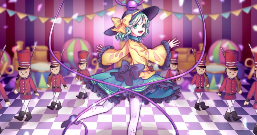 1girl black_hat blouse checkered_floor commentary_request female_focus hat highres komeiji_koishi pantyhose rnkgmn shirt solo touhou white_pantyhose yellow_shirt