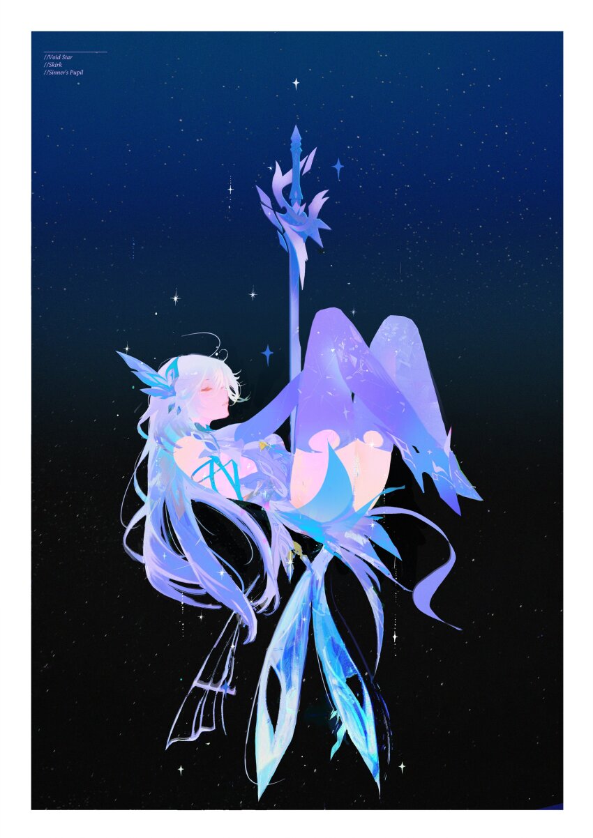 1girl absurdres azurelight_(genshin_impact) character_name closed_eyes dio_knarf dress genshin_impact grey_hair hair_between_eyes hair_ornament high_heels highres legs_up long_hair night prosthesis prosthetic_arm prosthetic_leg skirk_(genshin_impact) sky solo sparkle star_(sky) starry_sky sword weapon white_dress
