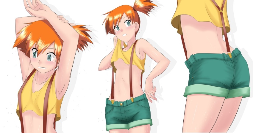 1girl armpits arms_up ass asymmetrical_hair blush breasts cowboy_shot denim denim_shorts gen_1_pokemon green_eyes green_shorts kakkii legs looking_at_another looking_at_viewer misty_(pokemon) multiple_views navel nintendo orange_hair pokemon pokemon_(anime) pokemon_(classic_anime) ponytail shirt short_shorts shorts side_ponytail smile suspenders sweat sweatdrop takaya_n tank_top thighs upper_body yellow_shirt yellow_tank_top