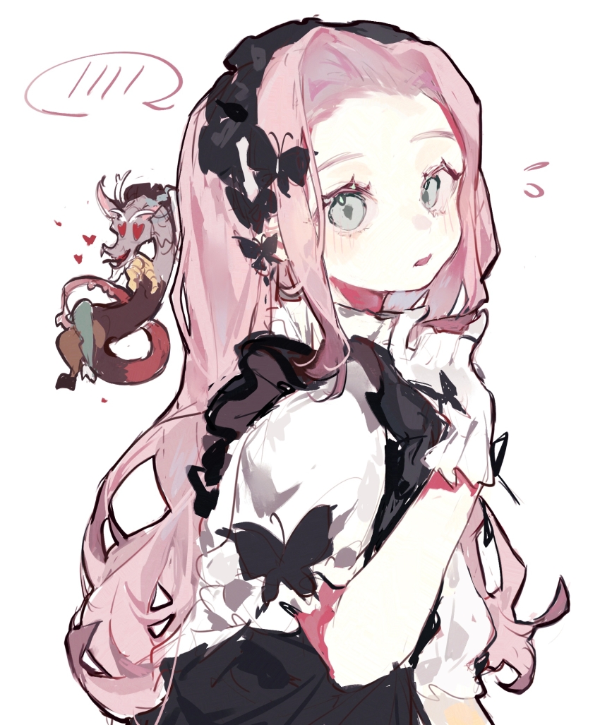 1girl apron black_apron discord_(my_little_pony) fluttershy gloves green_eyes hand_up heart heart-shaped_eyes highres long_hair maid maid_apron maid_headdress mengtunshaojing my_little_pony my_little_pony:_friendship_is_magic parted_bangs personification pink_hair shirt short_sleeves simple_background spoken_blush white_background white_gloves white_shirt
