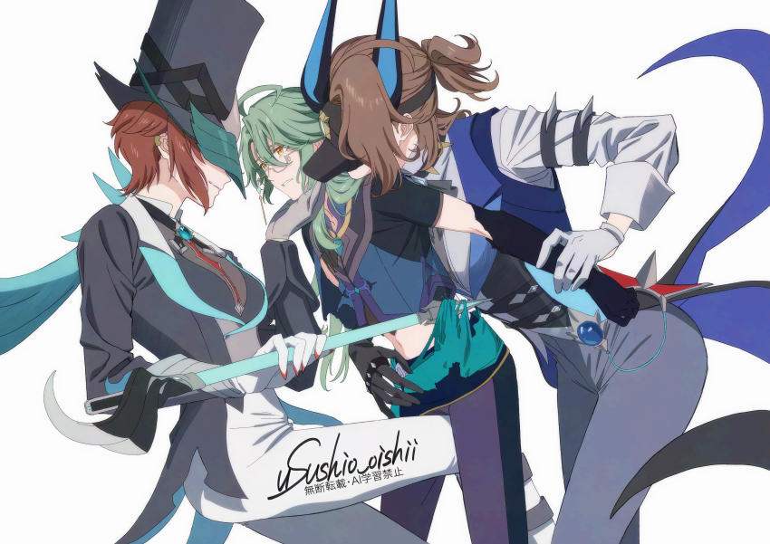 1boy 2girls absurdres ahoge aqua_sash baizhu_(genshin_impact) between_legs black_gloves black_hat black_jacket black_shirt blue_vest breasts brown_hair character_request chinese_clothes coattails commentary_request covered_eyes crop_top eyewear_strap femdom genshin_impact glasses gloves grabbing_another&#039;s_arm green_hair grey_pants hair_between_eyes hat hetero highres holding holding_weapon jacket long_hair long_sleeves looking_at_another mask midriff multiple_girls navel pants parted_lips ponytail purple_pants semi-rimless_eyewear shirt short_hair short_ponytail short_sleeves sidelocks simple_background small_breasts smile standing standing_on_one_leg top_hat torn_clothes torn_shirt twitter_username under-rim_eyewear usushio_oishii vest vision_(genshin_impact) weapon white_background white_gloves white_pants white_shirt yellow-framed_eyewear yellow_eyes