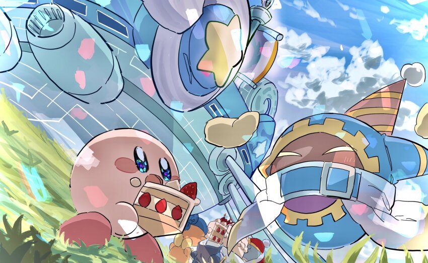 ^_^ animal_ears anniversary armor bandana bandana_waddle_dee beanie belt belt_buckle belt_collar birthday birthday_cake blue_bandana blue_belt blue_cape blue_eyes blue_hood blue_skin blue_sky blush_stickers buckle cake cake_slice cape closed_eyes cloud cns collar colored_skin commentary_request confetti covered_mouth crumbs day dutch_angle ear_covers floating_cape food from_behind fruit fur-trimmed_robe fur_trim gear_print gloves grass grey_mask hands_up happy hat highres holding holding_food icing king_dedede kirby kirby&#039;s_return_to_dream_land kirby_(series) lifting_person light_blush lor_starcutter magolor meta_knight nintendo open_mouth orange_hat orange_skin outdoors party_hat pauldrons pink_skin pom_pom_(clothes) pom_pom_beanie pom_pom_hat_ornament rayman_limbs red_footwear red_hat red_robe robe scarf shoes shoulder_armor sky smile sparkling_eyes standing_on_shoulder star_(symbol) strawberry strawberry_shortcake striped_clothes striped_headwear table waddle_dee white_cape white_gloves white_scarf yellow_shoes