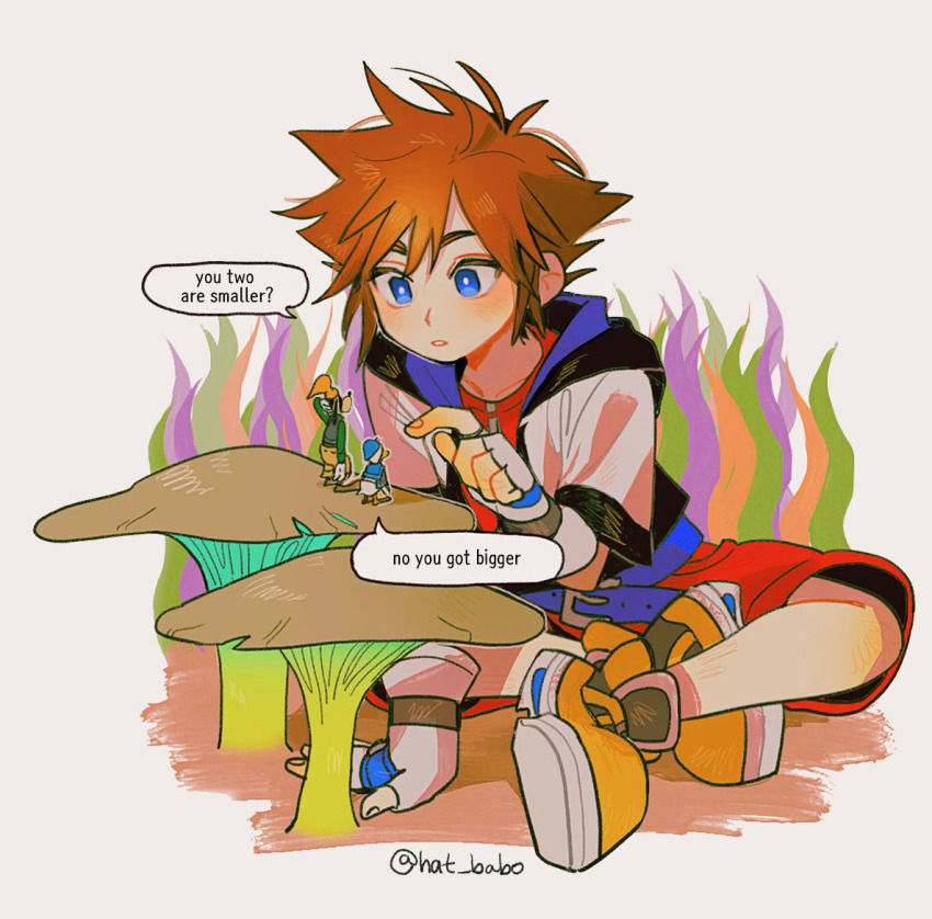 3boys blush brown_hair disney donald_duck english_text gloves goofy hat_babo kingdom_hearts large_shoes looking_at_another male_focus mickey_mouse_&amp;_friends multiple_boys mushroom pointing shoes short_hair size_difference sora_(kingdom_hearts) speech_bubble spiked_hair yellow_shoes