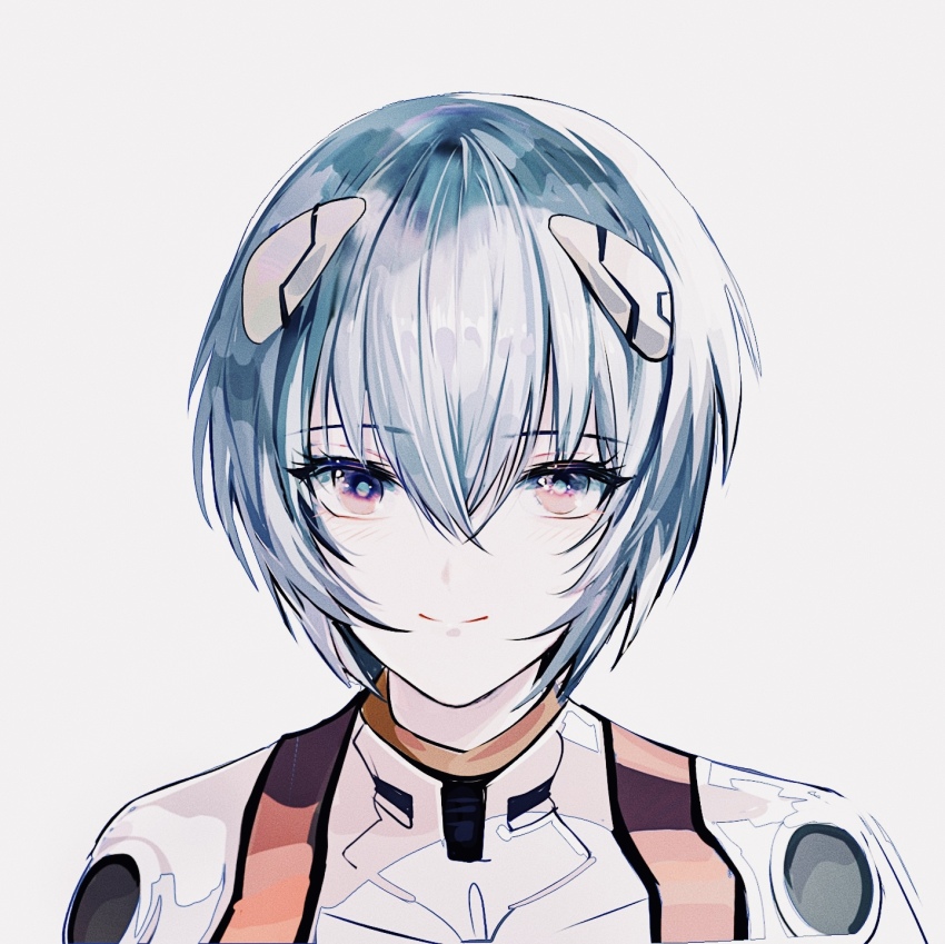 1girl ayanami_rei blue_hair bodysuit hair_between_eyes hairpods highres interface_headset_(evangelion) mecha_pilot_suit neon_genesis_evangelion pink_eyes plugsuit_(evangelion) portrait shan_gui_yu_yao short_hair simple_background solo white_background white_bodysuit