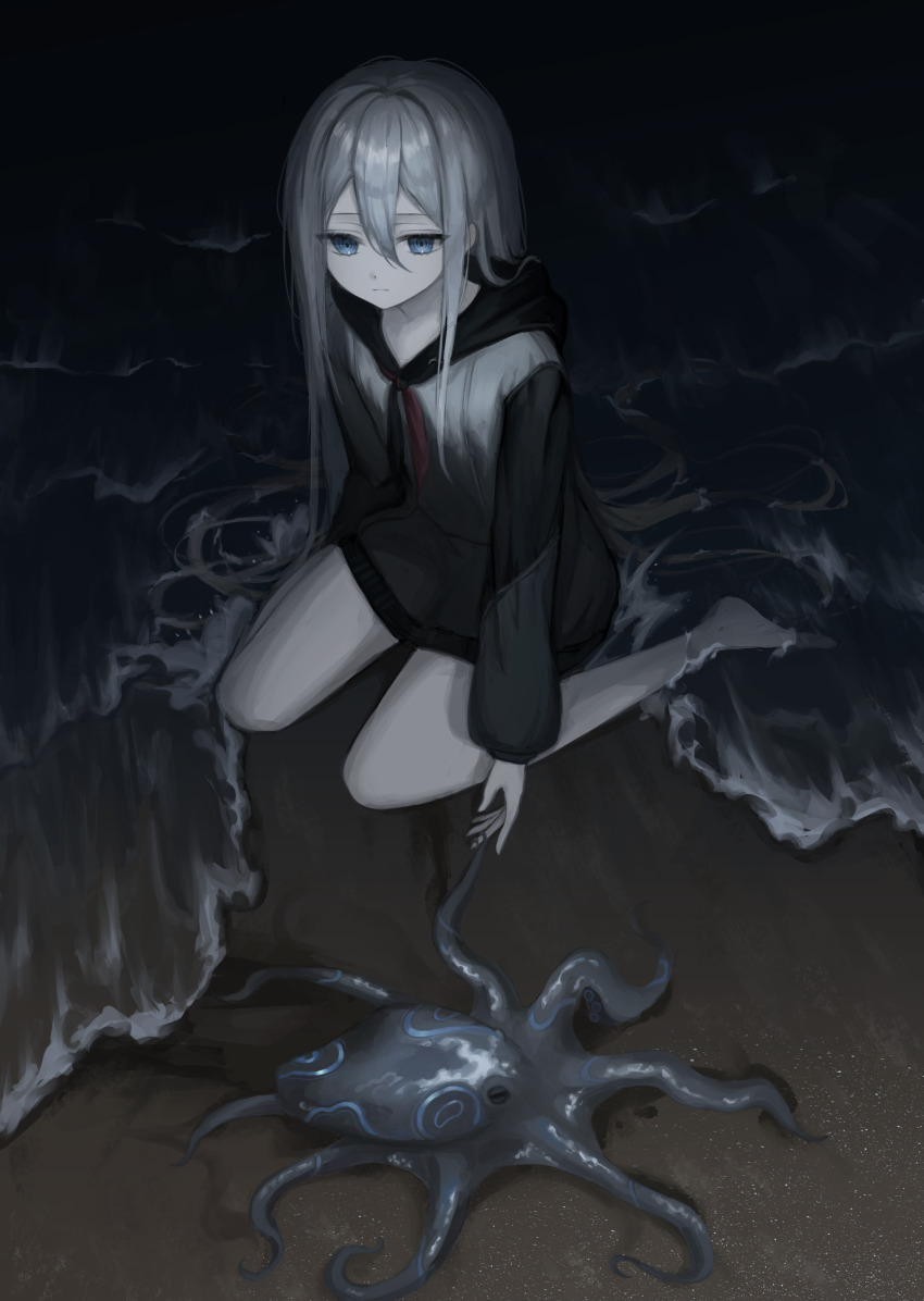 1girl absurdres bare_legs barefoot beach black_hoodie black_neckerchief blue_eyes collarbone commentary dark expressionless full_body hair_between_eyes highres hood hoodie kkamkkam long_hair long_sleeves looking_at_animal neckerchief ocean octopus outdoors partially_submerged project_sekai red_neckerchief sand shore sidelocks sitting solo two-tone_hoodie two-tone_neckerchief wariza wet wet_hair white_hair white_hoodie yoisaki_kanade