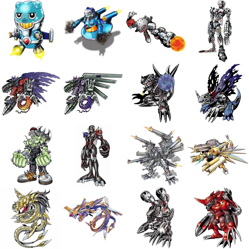 aegisdramon android andromon axe boltmon cannon chaosdramon crack_team cyborg digimon digimon_(creature) dragon energy espimon floating gigadramon gigaseadramon gun gundramon hiandromon highres hoverespimon megadramon metalgreymon_(virus) metalmamemon metalseadramon metaltyranomon mugendramon official_art orb weapon
