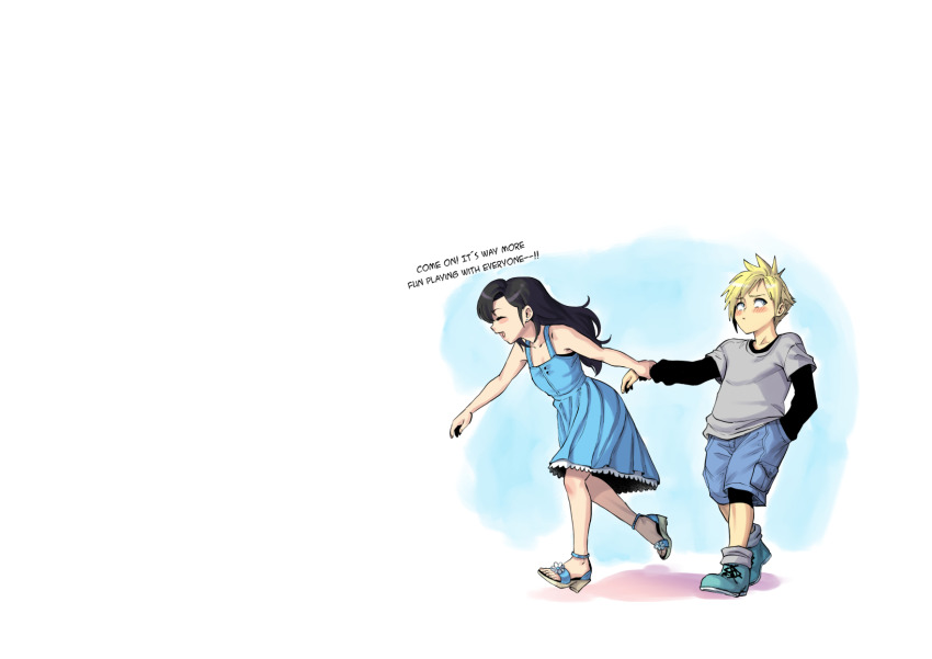 1boy 1girl aarokira aged_down averting_eyes black_hair black_shirt blue_dress blue_eyes blush closed_eyes cloud_strife denim denim_shorts dress english_text final_fantasy final_fantasy_vii grey_shirt hand_in_pocket happy highres layered_sleeves long_sleeves pulling_arm shirt short_over_long_sleeves short_sleeves shorts tifa_lockhart walking