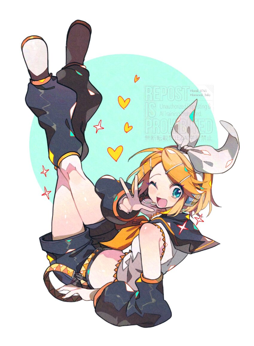 1girl ;d arm_warmers black_sailor_collar black_shorts blonde_hair blue_eyes bow_hairband commentary full_body green_background hair_ornament hairband hairclip hand_up headset heart highres kagamine_rin kawasaki_(kwsk_8765) leg_warmers looking_at_viewer one_eye_closed open_mouth parallel_hairclips sailor_collar shirt shoes short_hair shorts sleeveless sleeveless_shirt smile solo sparkle vocaloid w watermark white_hairband white_shirt white_shoes