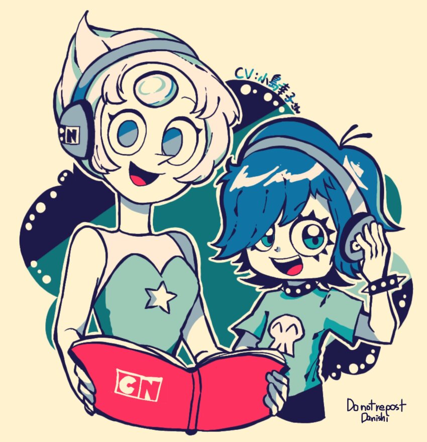 2girls artist_name book bracelet breasts cartoon_network collar company_connection crossover danishi eyeliner forehead_jewel hair_over_one_eye headphones hi_hi_puffy_amiyumi highres holding holding_book jewelry limited_palette logo makeup multiple_girls open_mouth pearl_(steven_universe) shirt short_hair signature small_breasts smile spiked_bracelet spiked_collar spikes star_(symbol) steven_universe t-shirt translated upper_body voice_actor_connection yumi_yoshimura