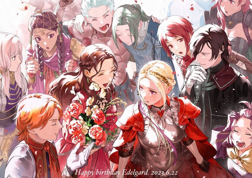 4boys 6+girls bernadetta_von_varley black_hair breasts cleavage dorothea_arnault edelgard_von_hresvelg ferdinand_von_aegir fire_emblem fire_emblem:_three_houses fire_emblem_warriors:_three_hopes flower gloves hapi_(fire_emblem) hubert_von_vestra long_hair mao_zhi_hua_ai_zi medium_breasts monica_von_ochs multiple_boys multiple_girls nintendo official_alternate_costume official_alternate_hairstyle orange_hair petra_macneary purple_eyes red_hair small_breasts white_hair