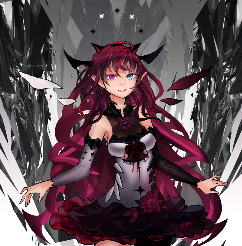 1girl absurdres advarcher blue_eyes closed_mouth double_halo dress frilled_skirt frills halo heterochromia highres hololive hololive_english irys_(hololive) irys_(irys_1.0)_(hololive) looking_at_viewer pink_eyes pointy_ears purple_hair red_hair red_skirt skirt smile solo star_halo virtual_youtuber white_dress wings