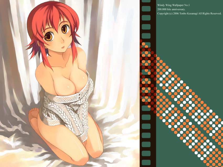 1girl bare_shoulders bottomless female_focus highres kusanagi_tonbo naked_sweater original solo sweater