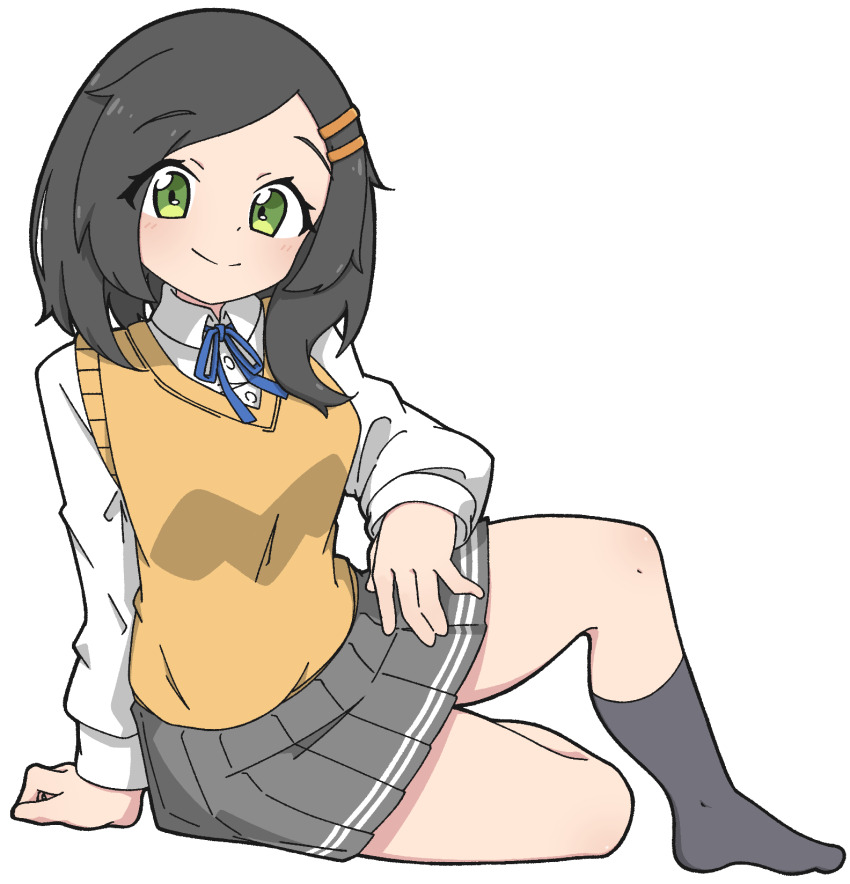 1girl adapted_costume black_hair blue_ribbon collared_shirt dress_shirt full_body green_eyes grey_skirt grey_socks hair_ornament hairclip highres kantai_collection kuroshio_(kancolle) long_sleeves medium_hair nairo neck_ribbon pleated_skirt ribbon school_uniform shirt simple_background sitting skirt socks solo sweater_vest vest white_background white_shirt yellow_vest