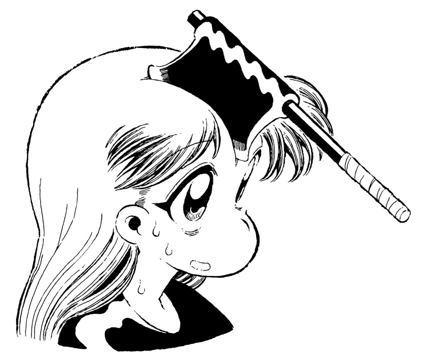 15ooo 1girl axe axe_in_head bags_under_eyes deformed eyelashes highres injury long_hair open_mouth original shirt smile solo sweat t-shirt