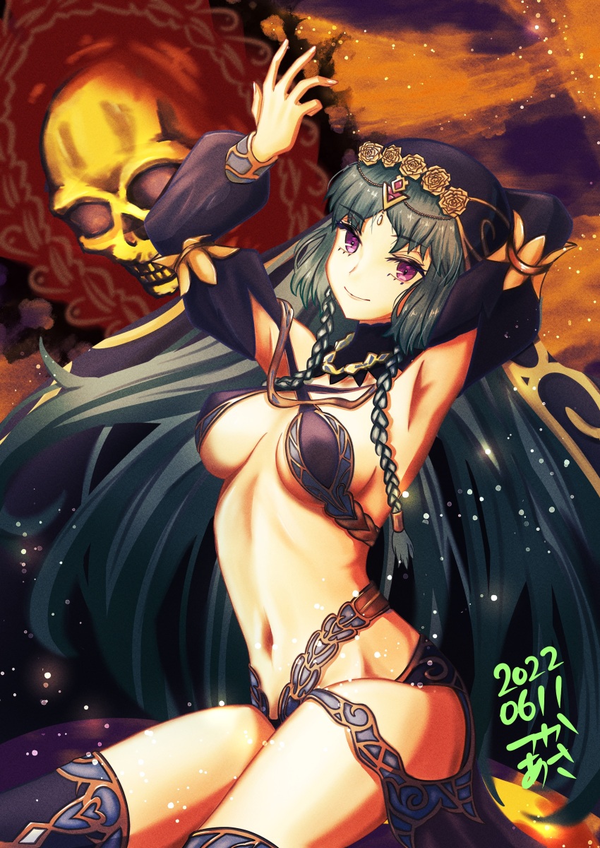 1girl 2022 absurdres arm_behind_back arm_up armpits bare_shoulders black_bra black_collar black_thighhighs blue_hair bra breasts closed_mouth collar cross-laced_bra cross-laced_clothes dated detached_sleeves fate/grand_order fate_(series) flower_ornament highres jewelry long_hair looking_at_viewer navel necklace purple_eyes salome_(fate) skull smile solo stomach thighhighs tsukaasa underwear very_long_hair