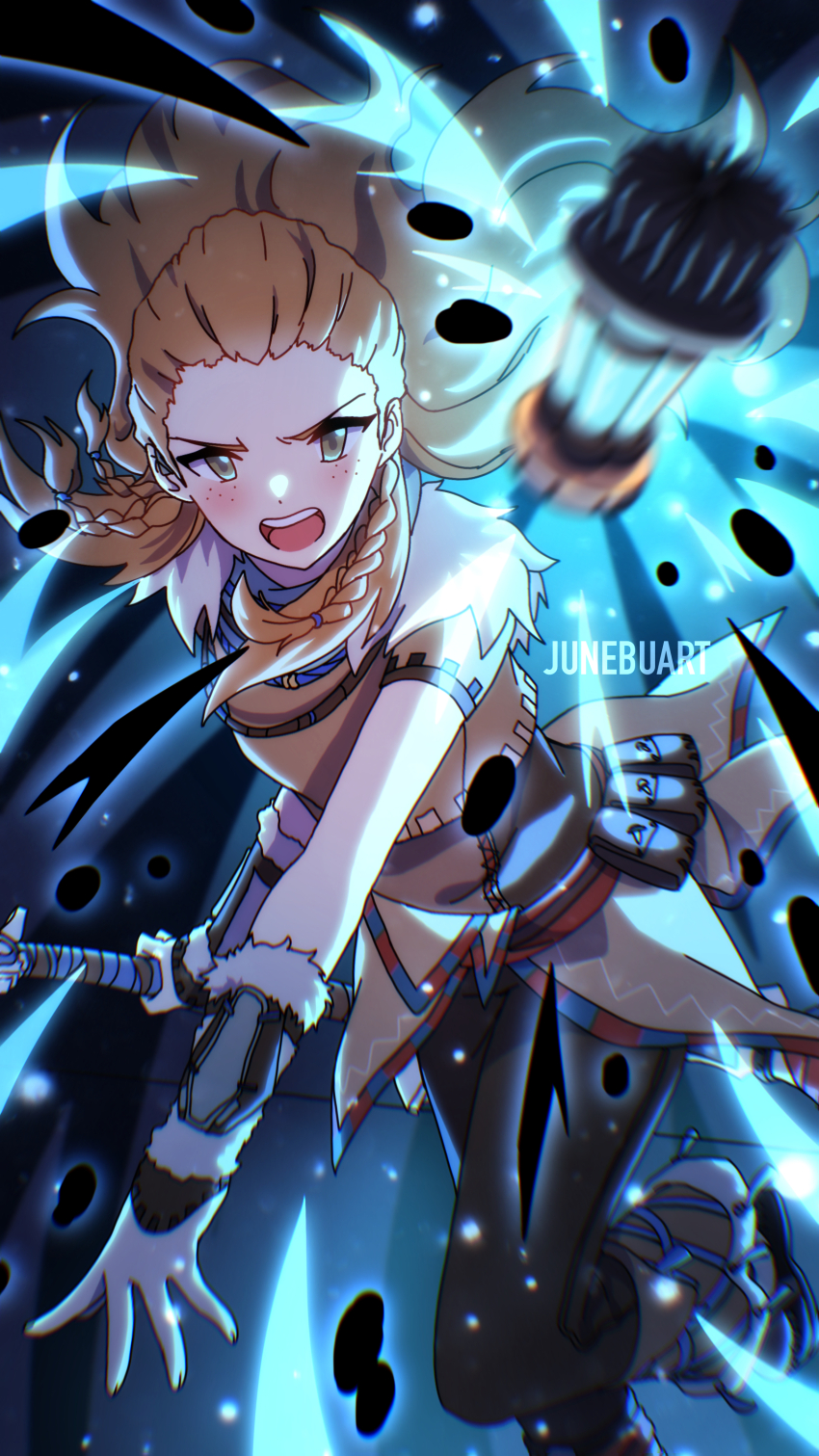 1girl absurdres aloy_(horizon) boots bow_(weapon) braid freckles genshin_impact green_eyes hair_ornament highres horizon_(video_game) horizon_zero_dawn junebuart long_hair looking_at_viewer orange_hair solo tribal weapon
