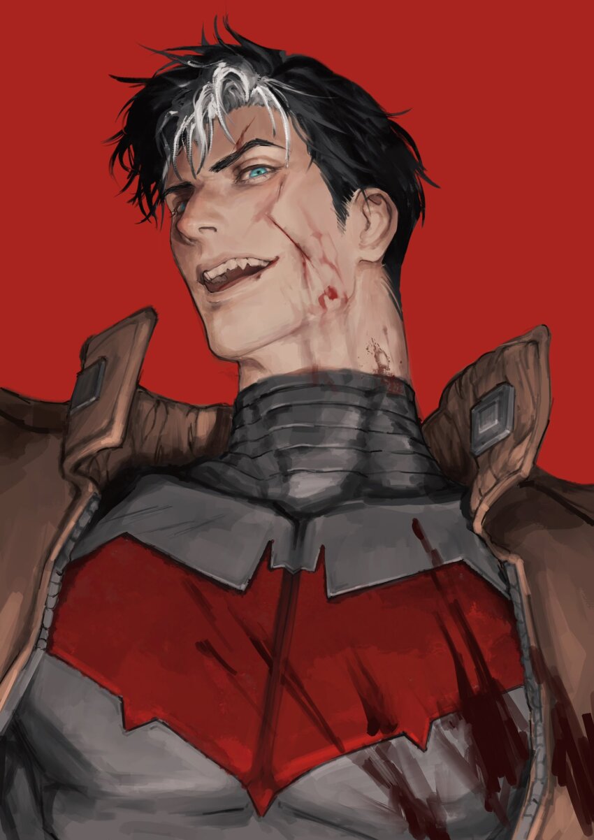 1boy batman_(series) batman_symbol black_bodysuit black_hair blue_eyes bodysuit brown_jacket dc_comics grey_bodysuit highres jacket jason_todd looking_at_viewer male_focus multicolored_hair muscular muscular_male pectorals red_hood_(dc) short_hair solo superhero_costume two-tone_bodysuit two-tone_hair tyt_tham white_hair
