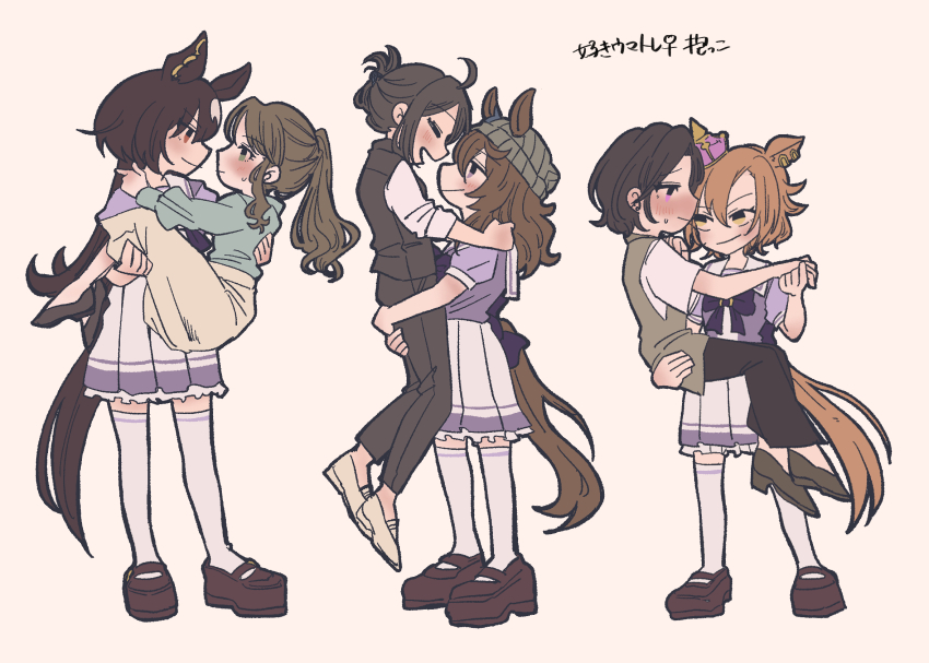 6+girls :d =_= ahoge alternate_eye_color animal_ears beanie black_hair black_pants black_vest blush bow bowtie brown_hair brown_shoes brown_tail carrying carrying_person closed_mouth commentary_request ears_through_headwear embarrassed eye_contact female_trainer_(umamusume) frilled_skirt frills full_body green_eyes green_sweater hand_on_another&#039;s_back hand_on_another&#039;s_leg hand_on_another&#039;s_neck happy hat highres holding_hands horse_ears horse_girl horse_tail horseshoe_ornament long_hair looking_at_another mary_janes multicolored_hair multiple_girls nakayama_festa_(umamusume) open_mouth orange_hair orange_tail original pants pleated_skirt ponytail princess_carry profile puffy_short_sleeves puffy_sleeves purple_bow purple_bowtie purple_eyes purple_shirt sailor_collar sailor_shirt school_uniform shirt shoes short_hair short_sleeves simple_background sirius_symboli_(umamusume) sitting_on_arm skirt small_sweatdrop smile streaked_hair summer_uniform suna_(cdl_nf_nb) sweater t.m._opera_o_(umamusume) tail thighhighs tracen_school_uniform trainer_(umamusume) umamusume v-shaped_eyebrows vest wavy_hair white_hair white_sailor_collar white_shirt white_skirt white_thighhighs yellow_eyes yuri zettai_ryouiki