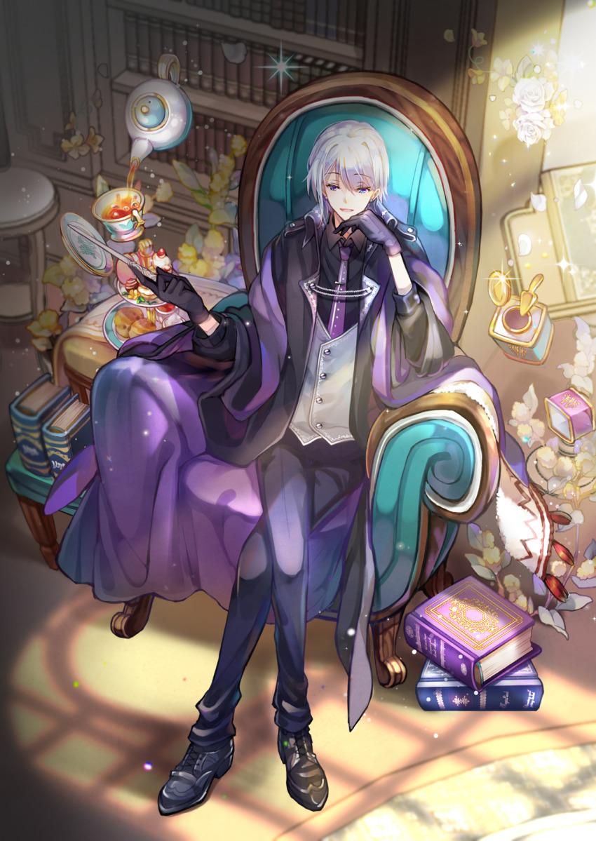 1boy black_gloves black_jacket black_pants black_shirt black_shoes blue_eyes book book_stack bookshelf chair collared_shirt cup floating food full_body gloves highres holding holding_wand indoors jacket light_rays magic necktie original pants pastry purple_necktie purple_sash sash shirt shoes short_hair sian_(jred344) sitting teacup teapot vest wand white_hair white_vest window_shadow