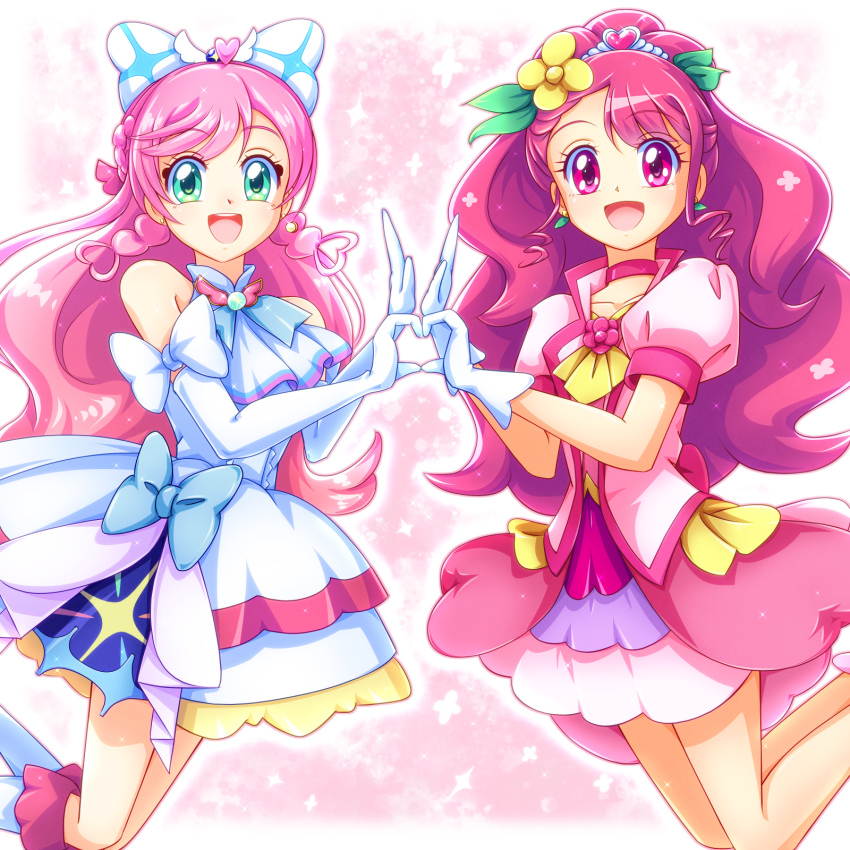2girls ascot asymmetrical_bangs blue_bow boots bow braid brooch choker commentary cure_grace cure_prism detached_sleeves dress dress_bow earrings elbow_gloves floating flower gloves green_eyes hair_bow hair_flower hair_ornament hanadera_nodoka healin&#039;_good_precure heart heart_hands highres hirogaru_sky!_precure in-franchise_crossover jacket jewelry kakuma_ai knee_boots layered_dress leaf_earrings legs_up light_particles long_hair magical_girl mimimix multiple_girls nijigaoka_mashiro pink_choker pink_dress pink_eyes pink_hair pink_jacket precure puffy_detached_sleeves puffy_sleeves short_dress side_braids single_earring sleeveless sleeveless_dress symmetrical_hand_pose tiara voice_actor_connection white_ascot white_bow white_dress white_footwear white_gloves wing_brooch yellow_flower