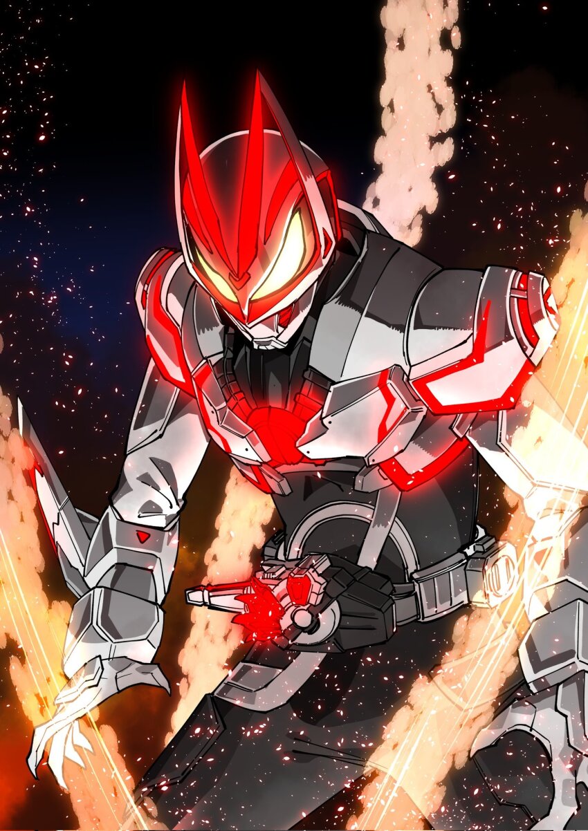 1boy amakawa_mayu armor ashes black_bodysuit bodysuit boost_markiii_buckle desire_driver extra_tails fire_and_brimstone fox_tail gauntlets gloves glowing glowing_eyes highres kamen_rider kamen_rider_geats kamen_rider_geats_(series) kamen_rider_geats_boost_mark_iii neon_trim open_hands power_armor raise_buckle tail two-tone_bodysuit white_armor white_bodysuit white_gloves yellow_eyes