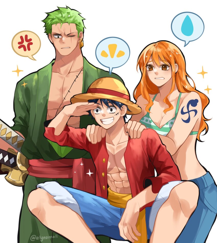1girl 2boys abs alynomali anger_vein bare_shoulders bikini bikini_top_only black_hair blue_pants blue_shorts breasts cleavage collarbone cross_scar denim earrings facial_scar feet_out_of_frame fur-trimmed_shorts fur_trim green_bikini green_hair green_kimono grin hands_on_another&#039;s_shoulders highres japanese_clothes jeans jewelry katana kimono long_hair medium_breasts midriff monkey_d._luffy multiple_boys nami_(one_piece) nami_(one_piece)_(return_to_sabaody) one_eye_closed one_piece open_clothes open_shirt orange_hair pants parted_lips red_shirt roronoa_zoro sash scar scar_across_eye scar_on_cheek scar_on_chest scar_on_face sheath sheathed shirt short_hair shorts shoulder_tattoo smile sparkle spoken_anger_vein spoken_sweatdrop squatting sweatdrop swimsuit sword tattoo toned toned_male twitter_username wavy_hair weapon white_background