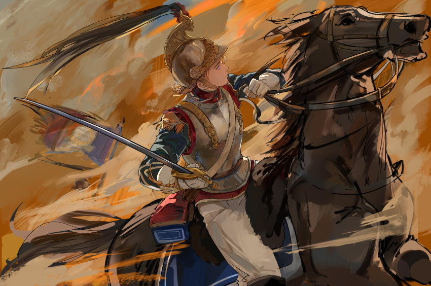 1boy absurdres armor axis_powers_hetalia blonde_hair blue_jacket bow breastplate cubed_(houkuaid) cuirass epaulettes facial_hair france_(hetalia) french_army french_flag gloves goatee_stubble hair_bow helmet high_collar highres holding holding_reins holding_sword holding_weapon horse horseback_riding jacket knight low_ponytail male_focus medium_hair military military_jacket military_uniform pants plume ponytail profile purple_eyes reins riding saddle sash short_ponytail stubble sword weapon white_gloves white_pants white_sash