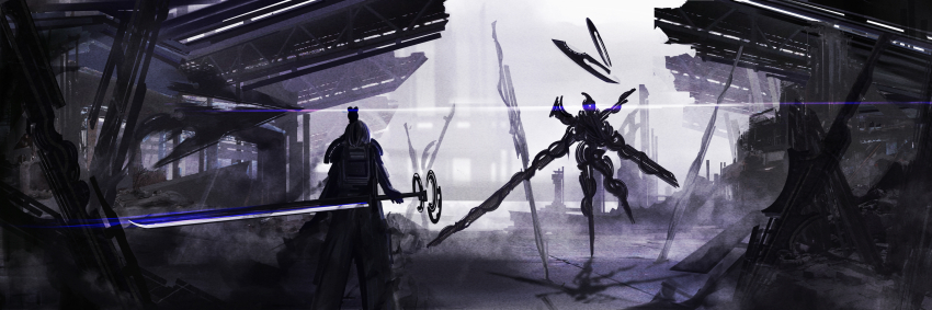 1girl absurdres fighting_stance from_behind glint highres holding holding_weapon monster original riz_kira ruins solo standing weapon wide_shot